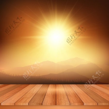 木制观景台前的阳光风景图片