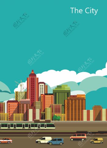 彩色都市建筑插画矢量海报背景素材