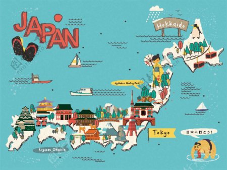 蓝色日本旅游手绘装饰地图矢量素材
