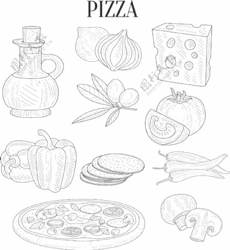 披萨配菜手绘矢量素材