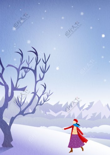 彩绘唯美冬季雪地女孩背景设计