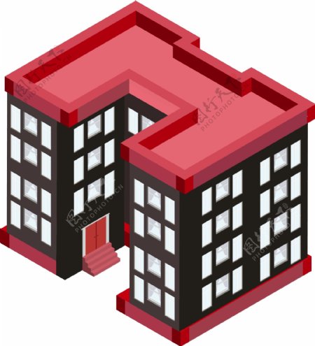 2.5D红黑平顶房屋建筑AI素材