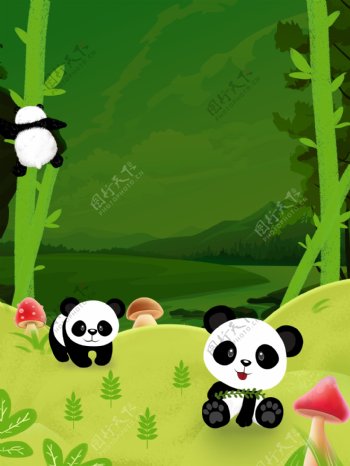 卡通绿色熊猫小清新宣传设计背景