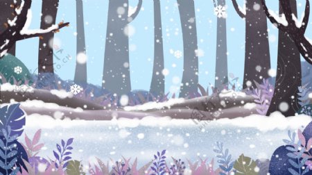 手绘唯美冬日树林雪景背景素材