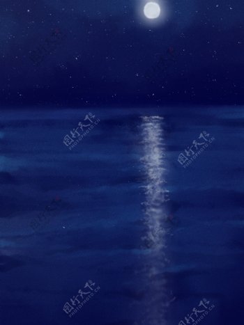 纯手绘原创星空夜晚月亮倒影水彩质感背景