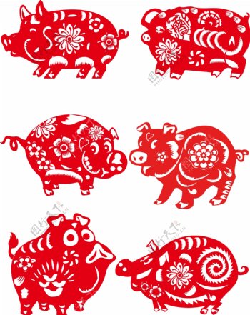 合集红色剪纸新年猪猪可商用