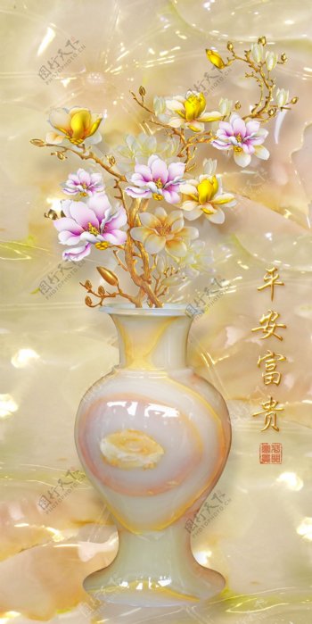 花瓶中式传统玄关花鸟植物画