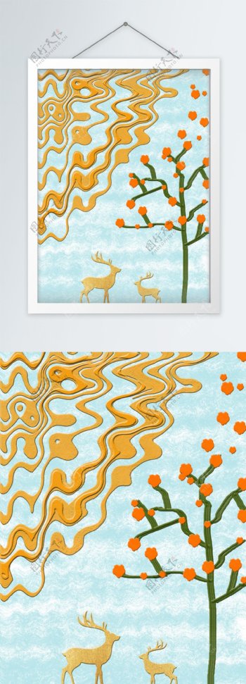 手绘抽象果树母子鹿装饰画