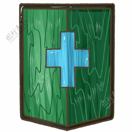 商用手绘蓝十字架骑士盾牌绿色元素
