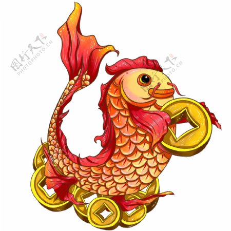 商用手绘新年喜庆中国风动物铜钱鲤鱼元素