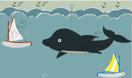 儿童房鲸鱼墙绘效果图