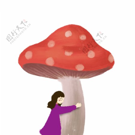 抱着蘑菇的女孩图案元素