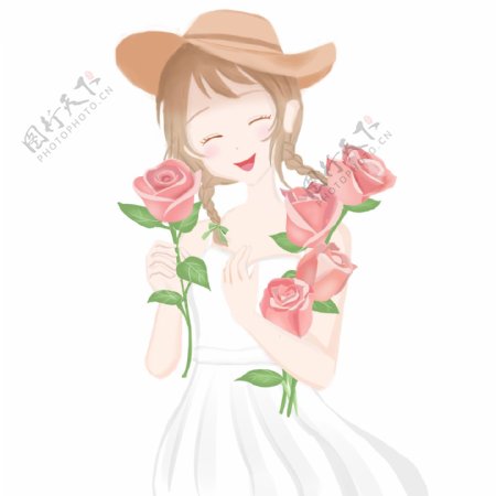 手绘抱着玫瑰花的少女