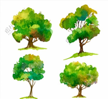 4款水彩绘茂盛树木矢量素材