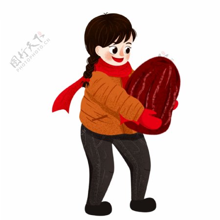 创意手绘抱着红枣的女孩