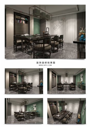 绿色系新中式风格餐厅效果图模型