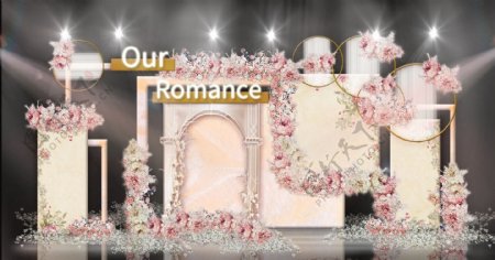 香槟色组合花纹背景板简约花艺婚礼效果图