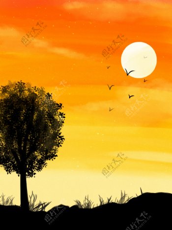 纯原创手绘卡通水彩画夕阳树木背景