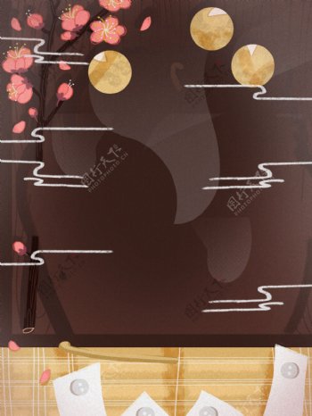 彩绘中国风花朵月圆中秋背景设计
