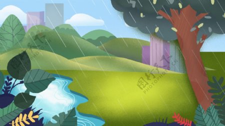 雨季简约春天景色插画背景