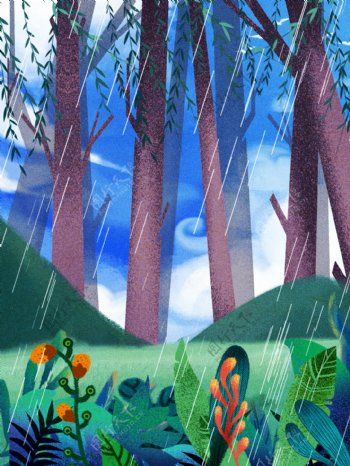 小雨节气树林风景插画背景