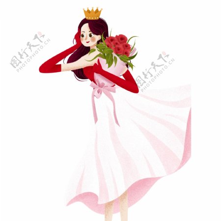 手绘拿着一束玫瑰花的女孩人物设计