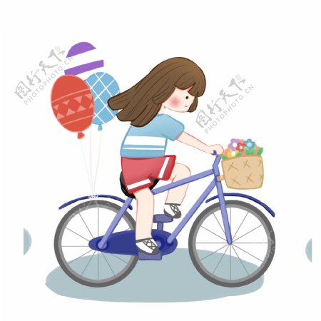 卡通小清新春天骑自行旅行的女孩子