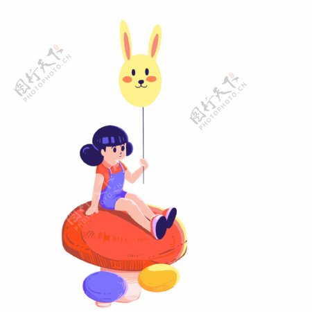 彩色卡通可爱坐在蘑菇上的女孩