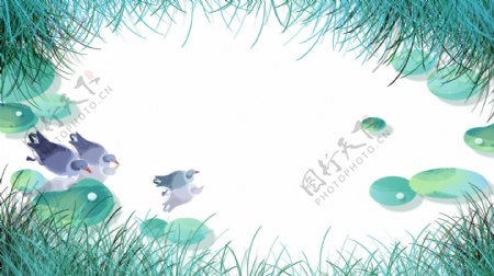 夏季荷塘鸭子主题手绘边框