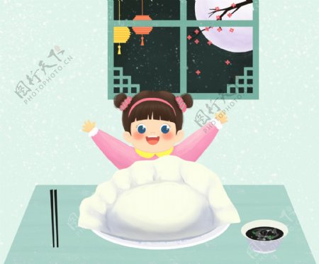 手绘卡通小女孩冬至新年吃饺子