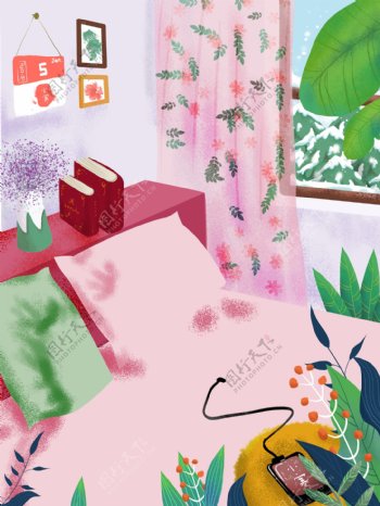手绘粉色温馨卧室背景设计