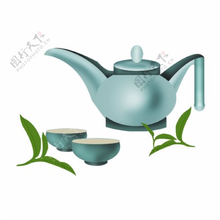 蓝色现代茶壶茶杯插图