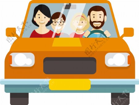 卡通矢量坐在车上出门游玩的一家人