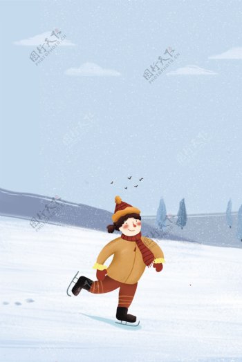 冬日滑雪女孩插画风户外运动海报