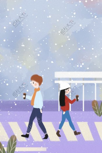 冬日街道时尚男女服装插画海报