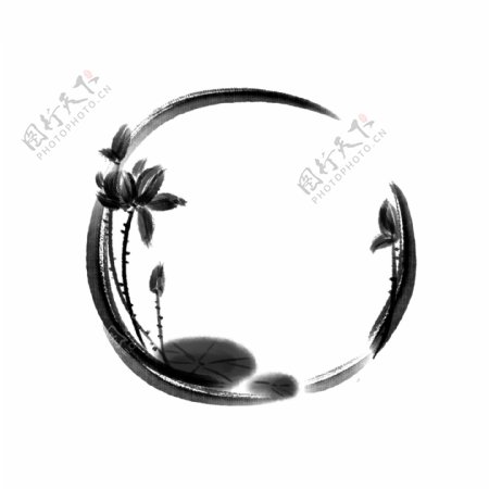 中国风手绘水墨荷花花朵圆形边框