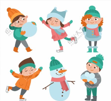 5款冬季玩耍的儿童和雪人