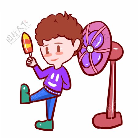 夏天吃冰淇淋的小男孩手绘插画