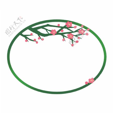 桃花春天植物边框绿色剪纸风格PNG素材