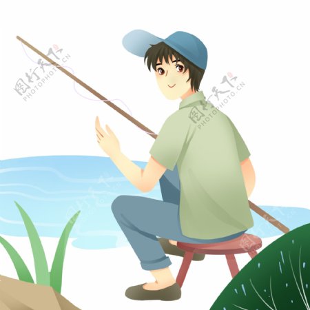 春游踏青钓鱼的小男孩