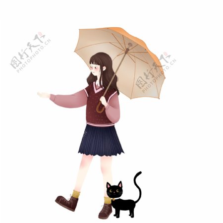 卡通可爱猫与撑伞的女孩元素