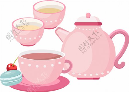 粉色英式茶壶茶杯矢量