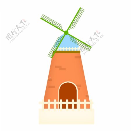 田园风车手绘卡通欧洲建筑广告素材