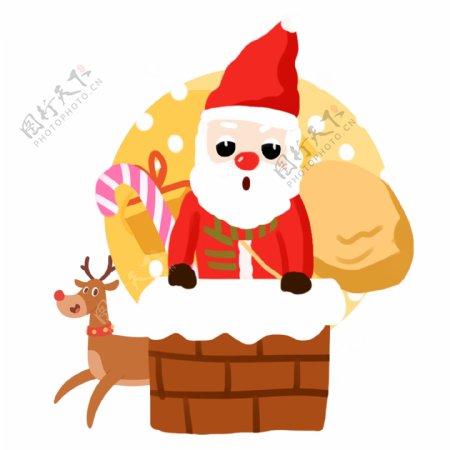 圣诞节可爱圣诞老人卡通插画钻烟囱