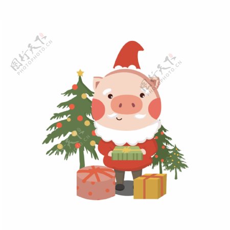 卡通手绘猪年可爱小猪过圣诞节树圣诞老人小猪