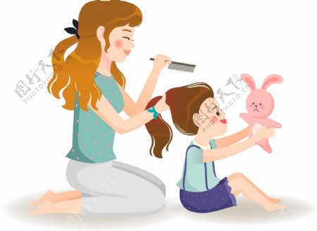 感恩节母亲给女儿梳头发