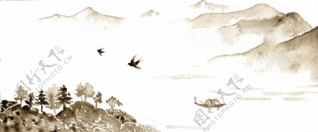 中国古风手绘小鸟山水