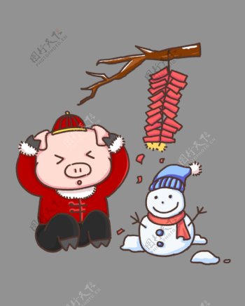 春节卡通猪放鞭炮手绘