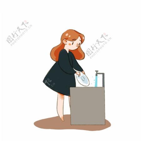 大扫除洗碗小女孩可爱手绘风美式卡通png免扣