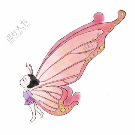童真梦幻主题马卡龙色系长蝴蝶翅膀起舞的芭蕾舞女孩